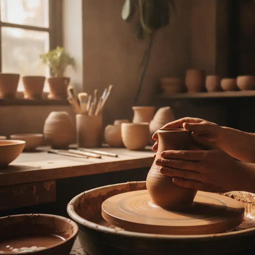 Artisan shaping clay on a pottery wheel