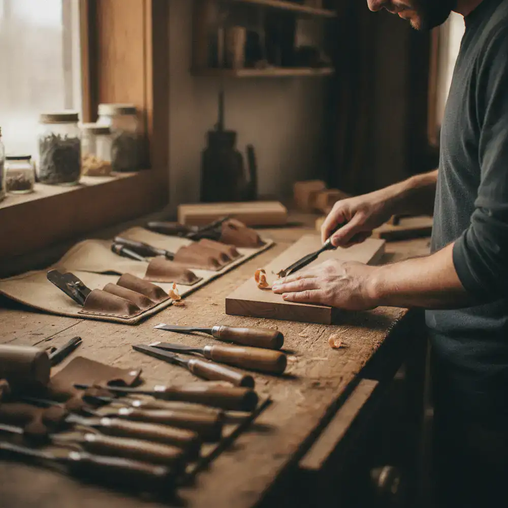 Artisan working closely at a wooden bench with hand tools