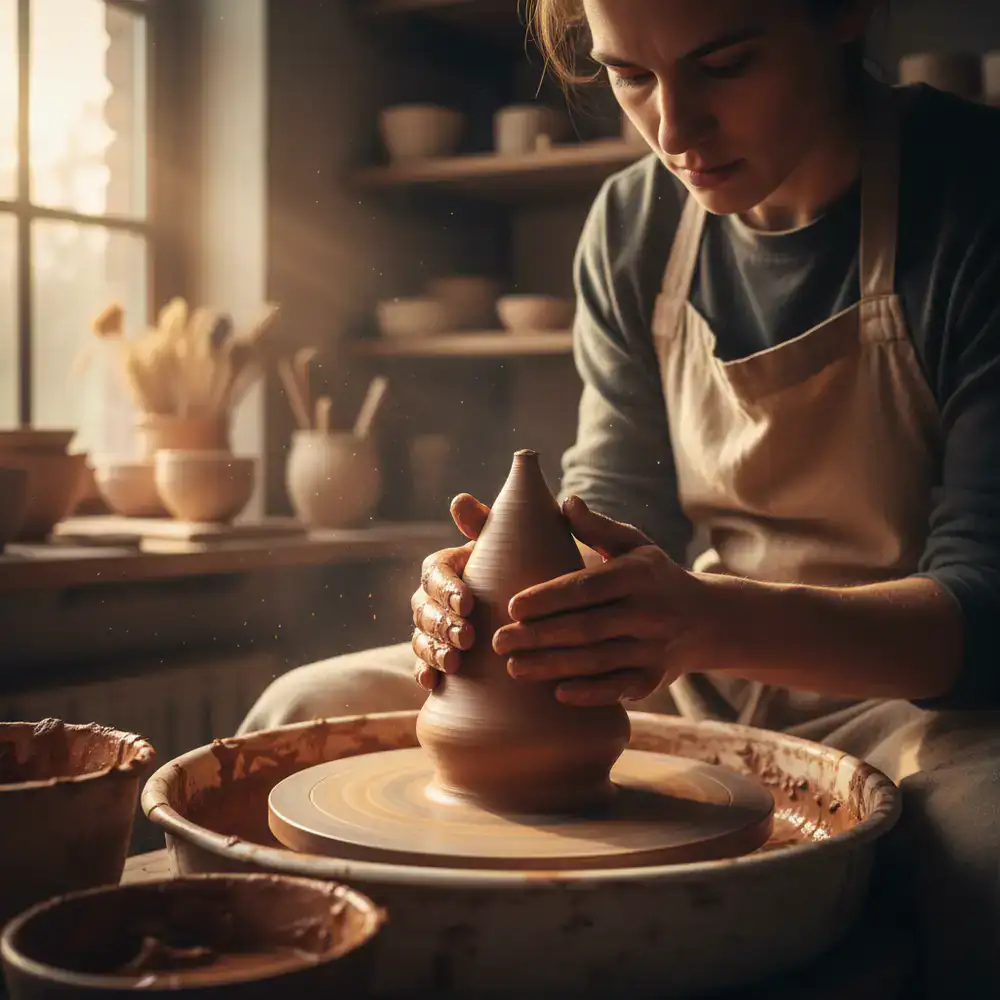 Ceramicist molding clay on a pottery wheel