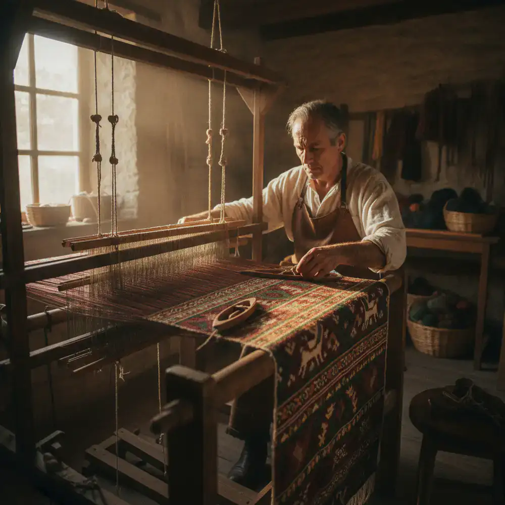 Weaver working on a traditional hand loom