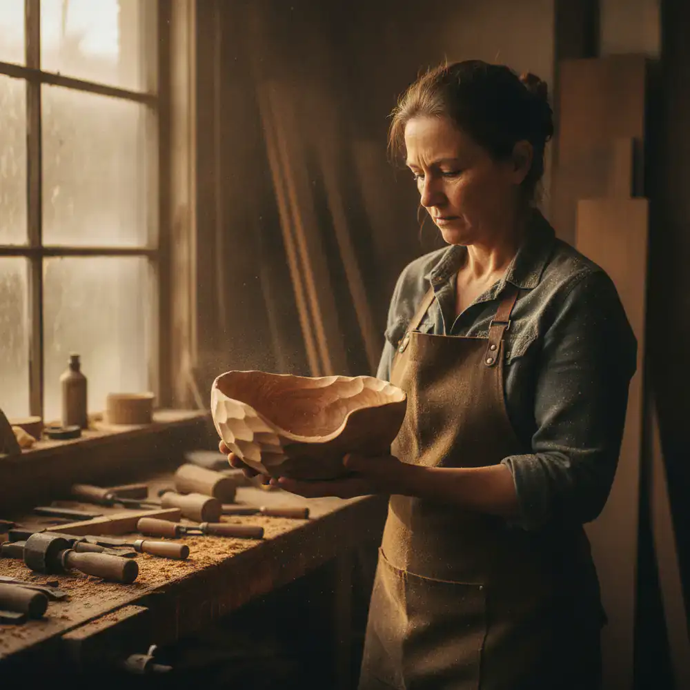 Woodworker examining a hand-carved wooden bowl in a dusty workshop