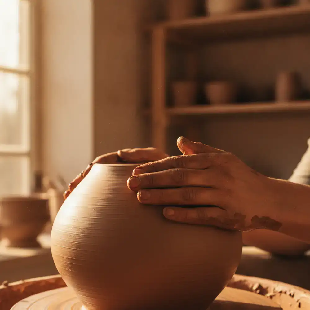 Artisan hands shaping a large clay vessel