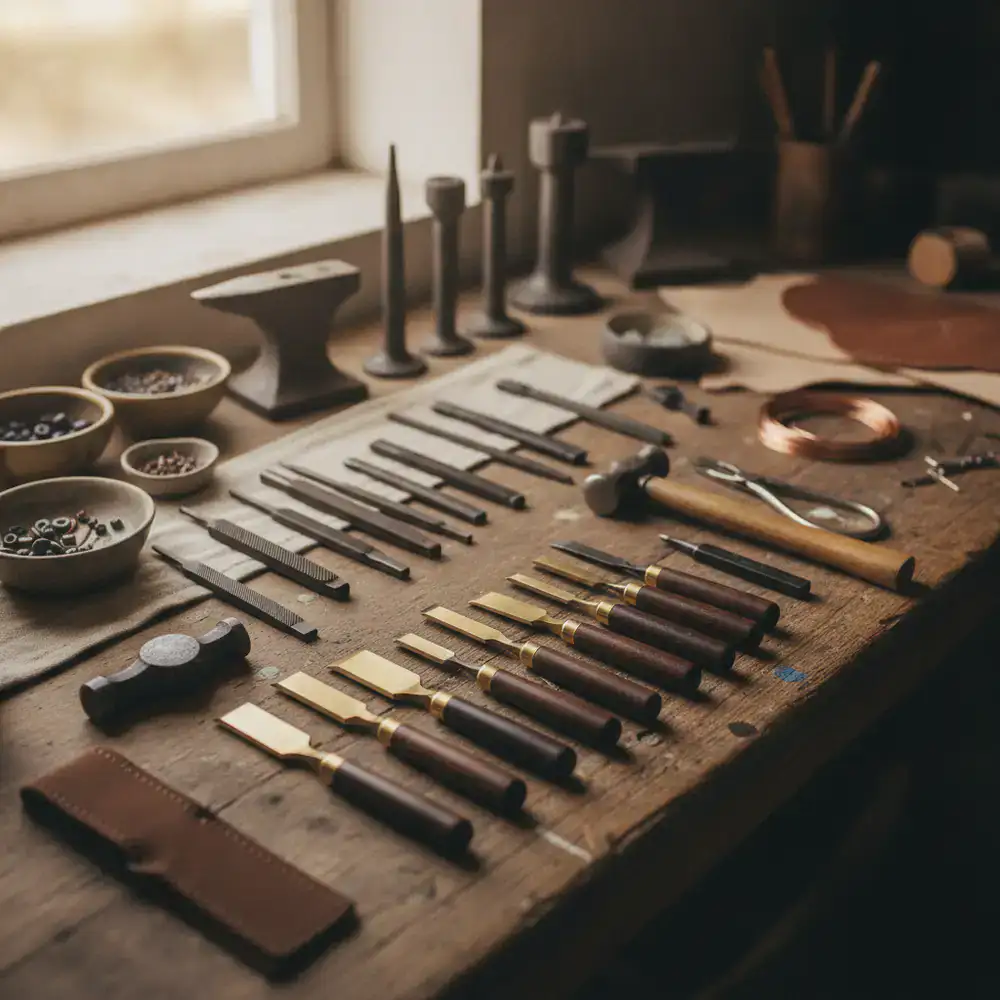 Various artisan tools laid out meticulously on a workbench