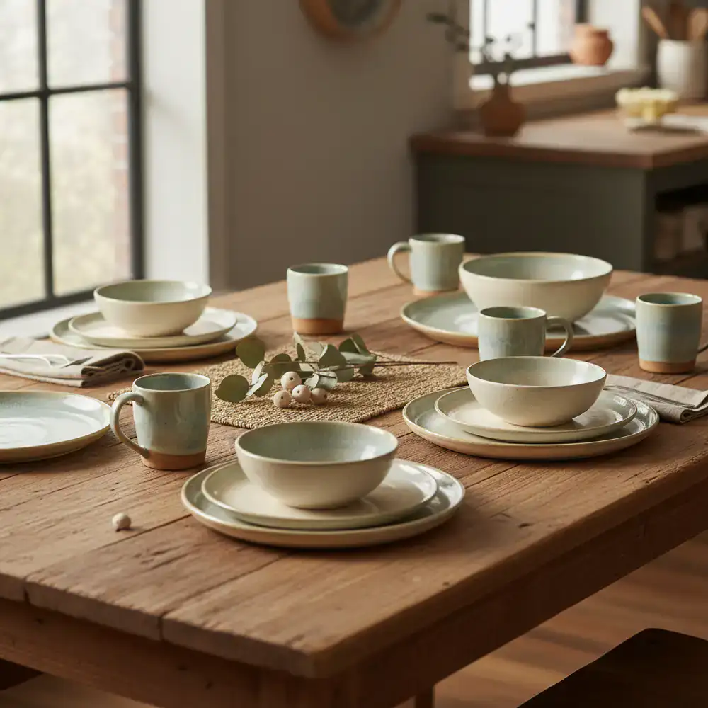 Complete ceramic tableware set on a wooden table