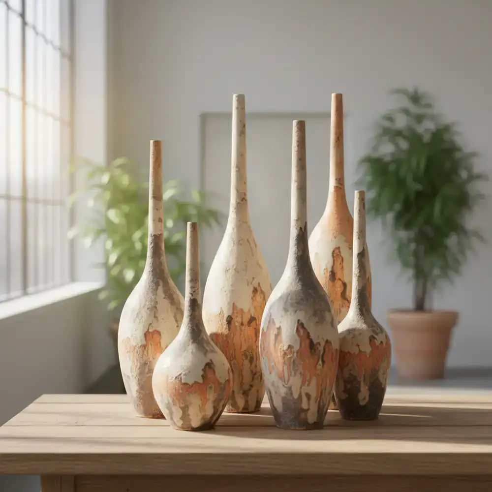 Collection of tall textured wood-fired vases
