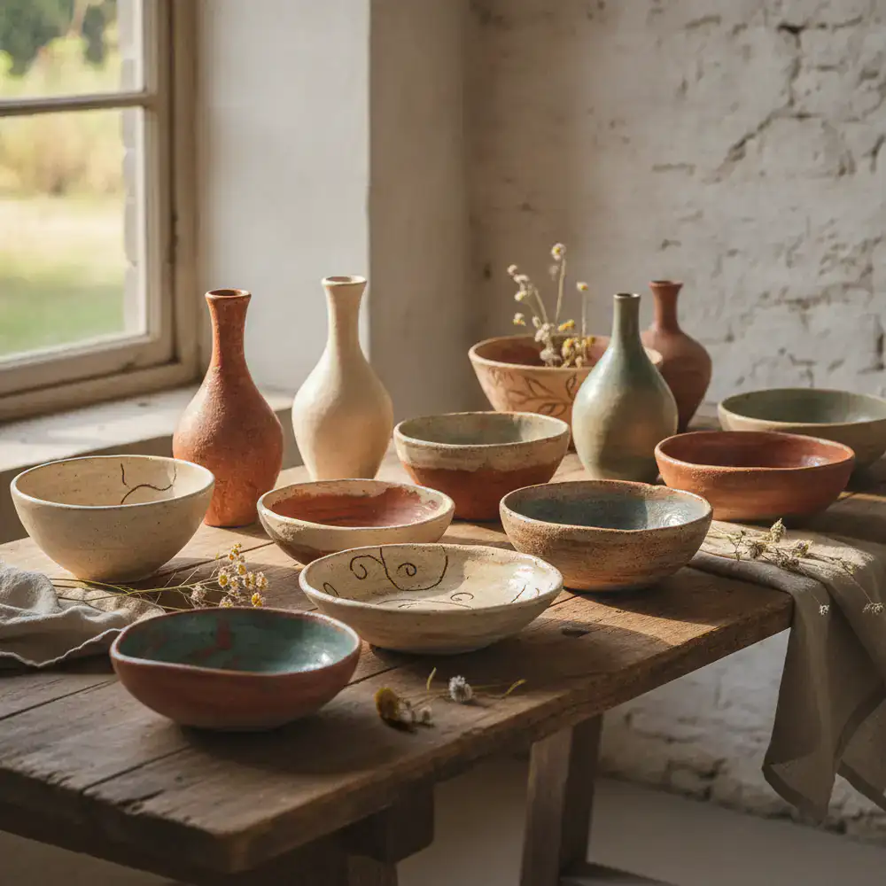 Collection of rustic handmade artisan bowls and vases