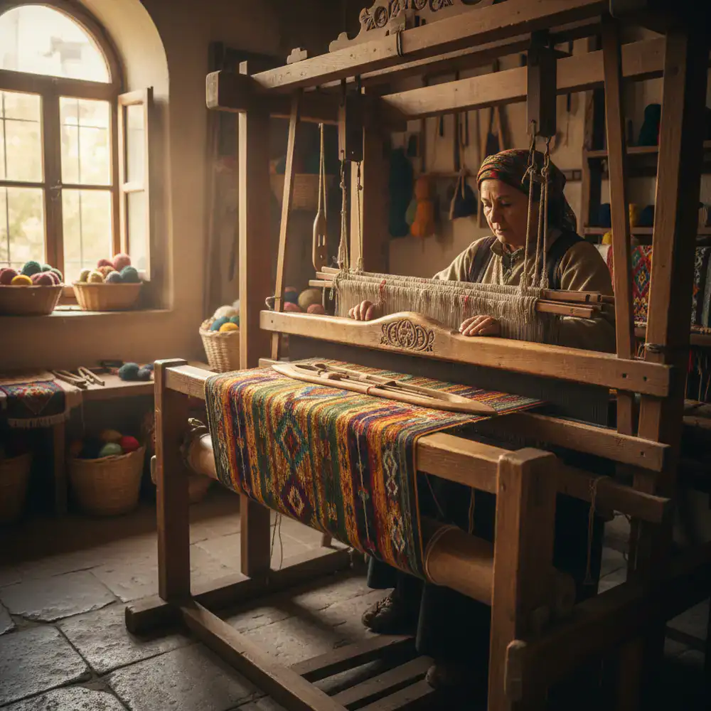 Weaver working at a large wooden loom