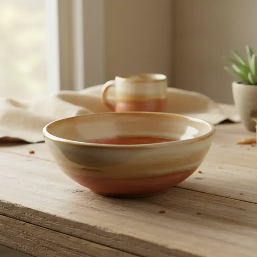 Finished glazed ceramic bowl resting on a table