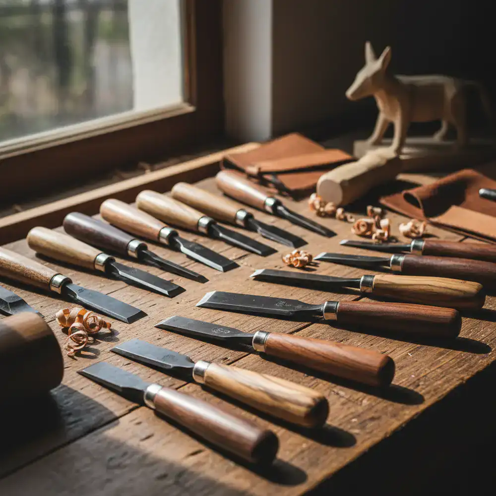 Artisan carving tools laid out