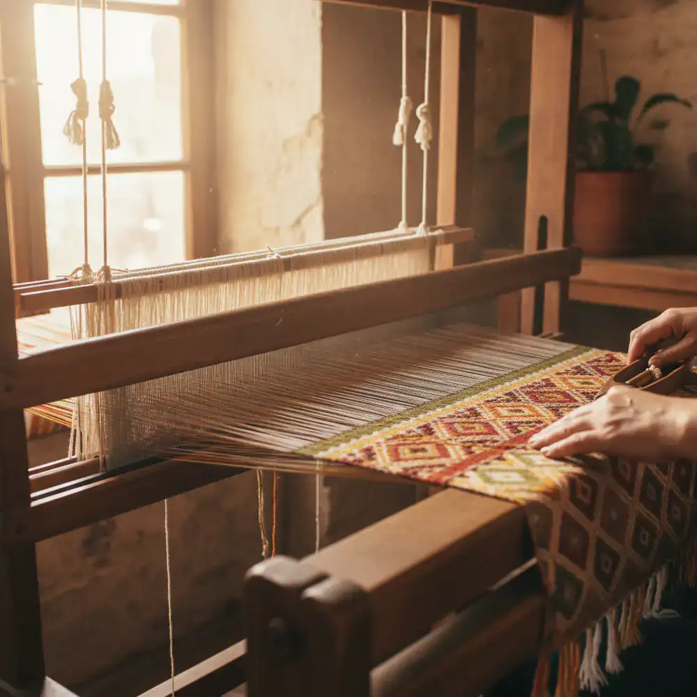 Close up of traditional textile weaving on a loom
