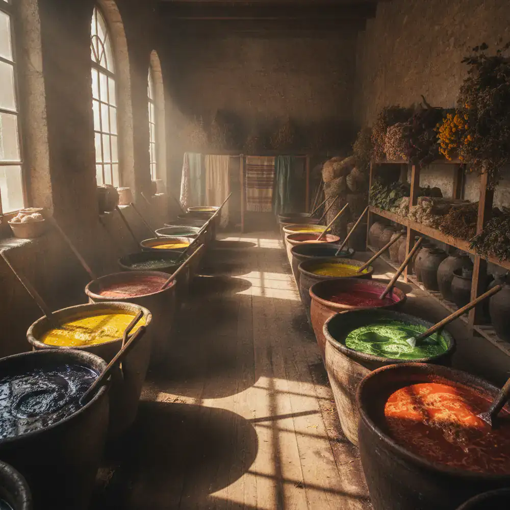 Vats of colorful natural dyes