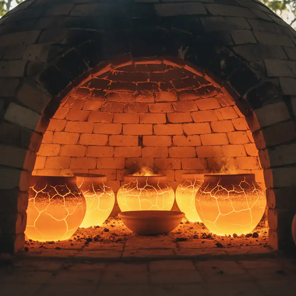 Glowing clay pottery inside a hot traditional kiln