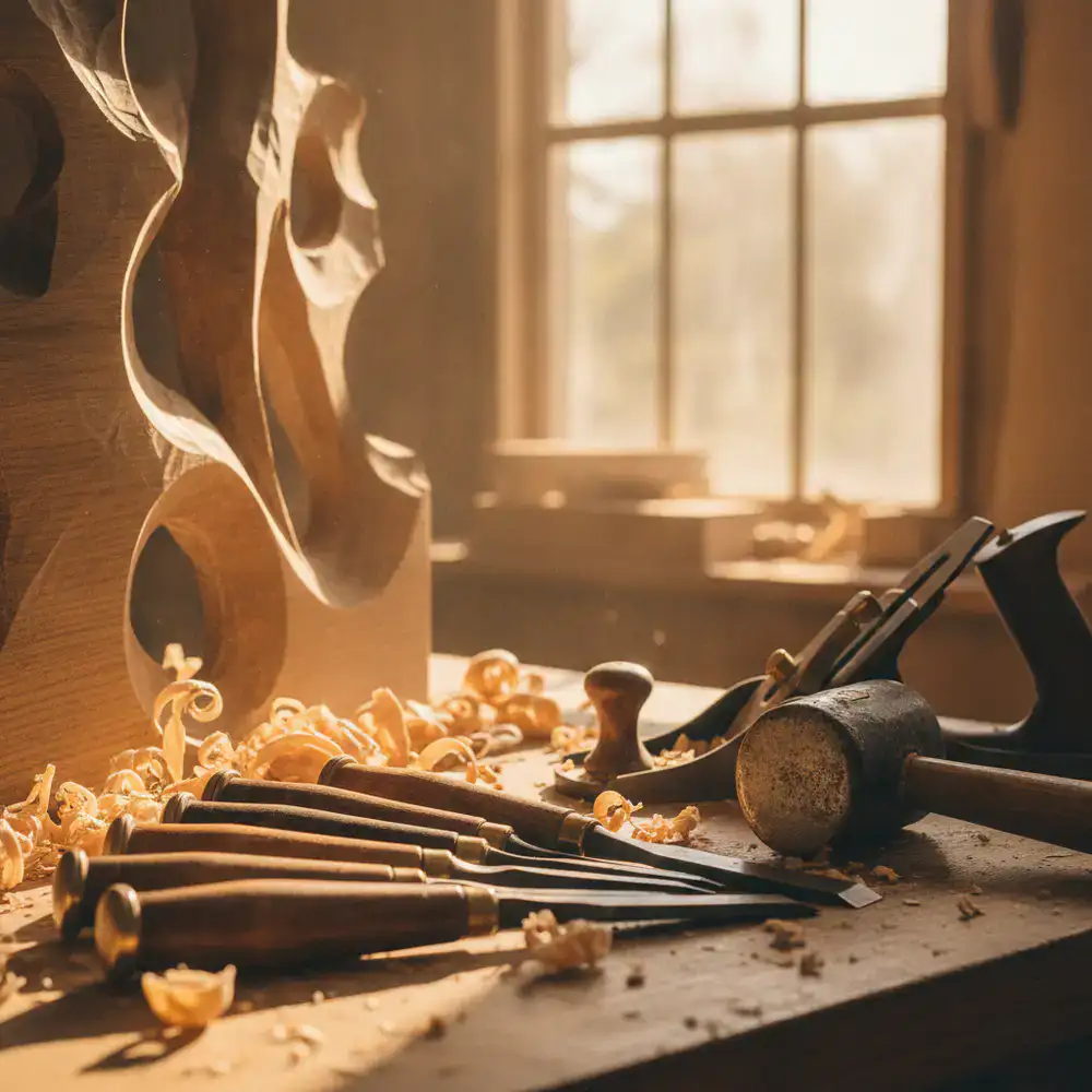 Woodworking tools alongside carved timber