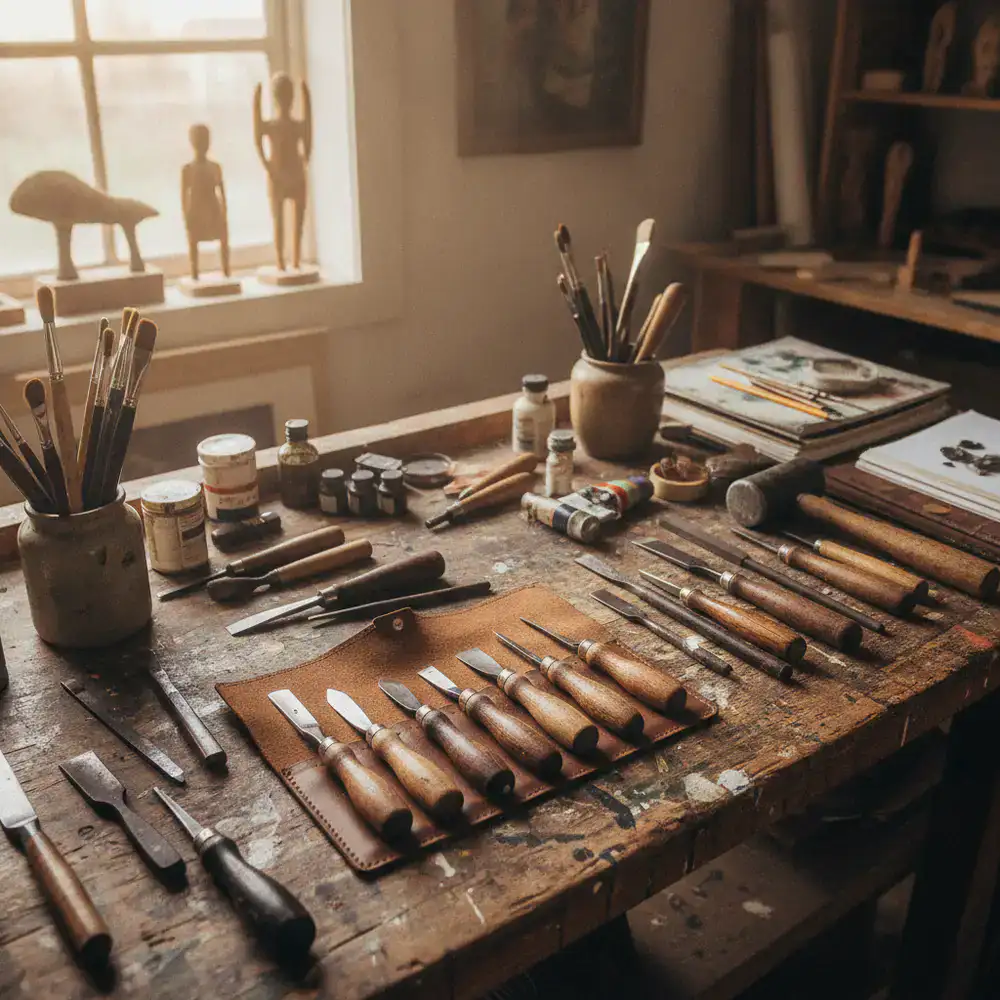 Tools arranged on a wooden desk in the studio